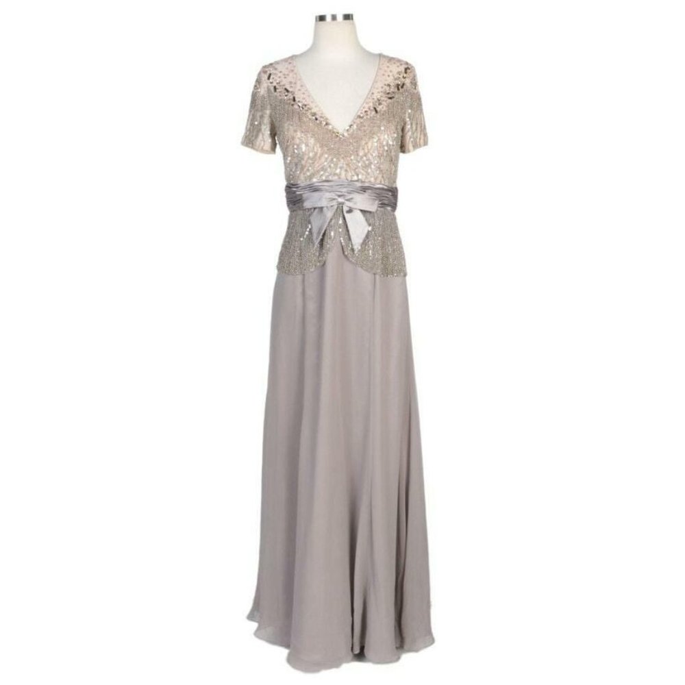 New! Alberto Makali - Taupe V-Neck Gown with Beaded Bodice Overlay! SZ 2